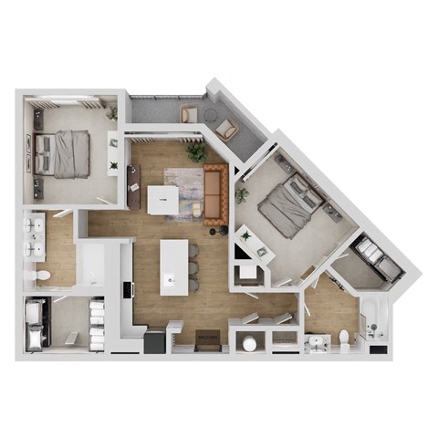 Floor plan for 2 beds, 2 baths, 1078 sqft
